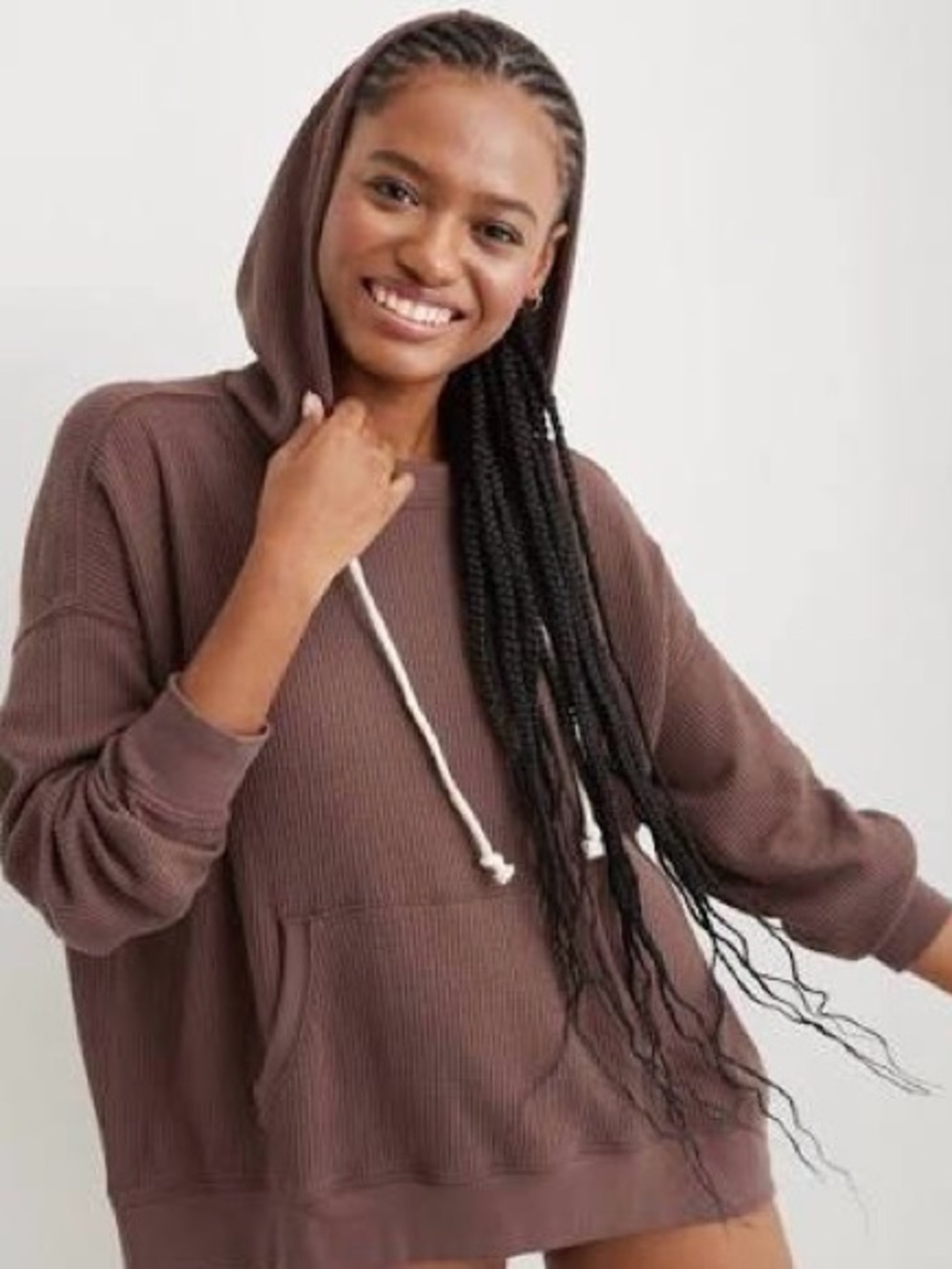 Aerie Brown Waffle Knit Hoodie Small Oversized Relaxed Loungewear